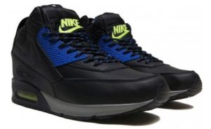 Зимние Nike Air Max 90 High с мехом черные с синим кожа 40-45